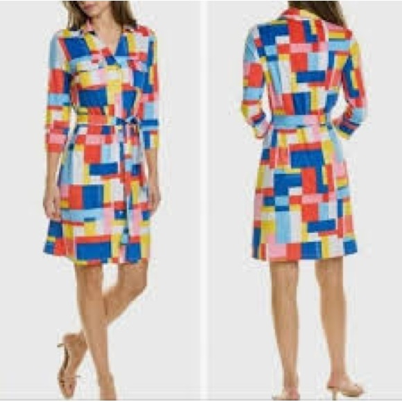 J. McLaughlin Dresses & Skirts - J. McLaughlin Brynn Tile Print Collared Neck 3/4 Sleeve Belted Dress XS